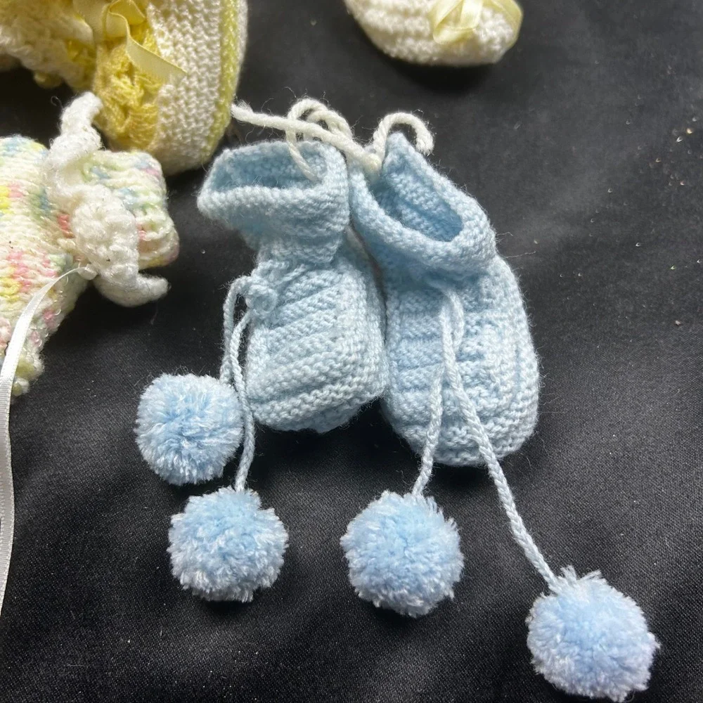 Vintage Handmade Crochet Knit Baby Booties Bundle Blue White Pink Pom Pom Ribbon